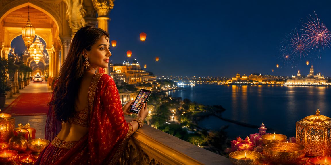Woman playing Teen Patti on mobile device in traditional saree
